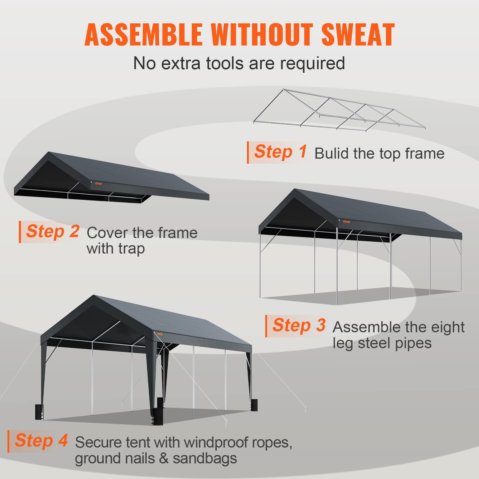 VEVOR Upgraded 10x20 ft Heavy Duty Carport Car Canopy, Car Port Garage Boat Shelter Party Tent with 8 Reinforced Poles and 4 Weight Bags, UV Resistant Waterproof Tarp for SUV, Truck, Boat