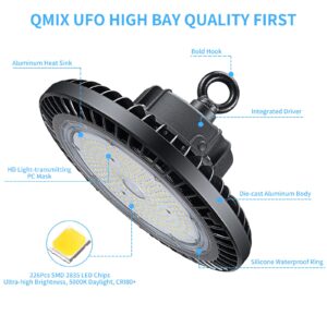 Qmix 150W High Bay LED Light, 22500 Lumens 5000K Daylight UFO High Bay Shop Light, Equivalent to 600W MH/HPS, DLC ETL Listed IP65 Waterproof Commercial Bay Lighting