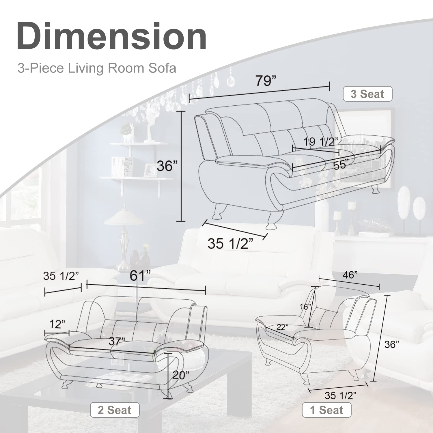 Plithzy 3 Piece Living Room Furniture Set, Leather Sofa Set for Living Room, Modern Couch Set with 3-Seater Sofa, Loveseat and Armchair (Cream White)