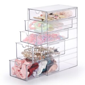 Hipiwe 5-Drawers Plastic Storage Organizer, Clear Hair Accessories Organizer with Large Capacity for Bathroom, Dresser, Cosmetic Hair Tie Container for Girls Women