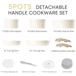 Caannasweis Detachable Nonstick Cookware Set - Stackable Induction Pots and Pans With Removable Handles, Dishwasher Safe - For RV Camping, Oven and Stovetop Use, 5 Pieces (5 Pots Beige)