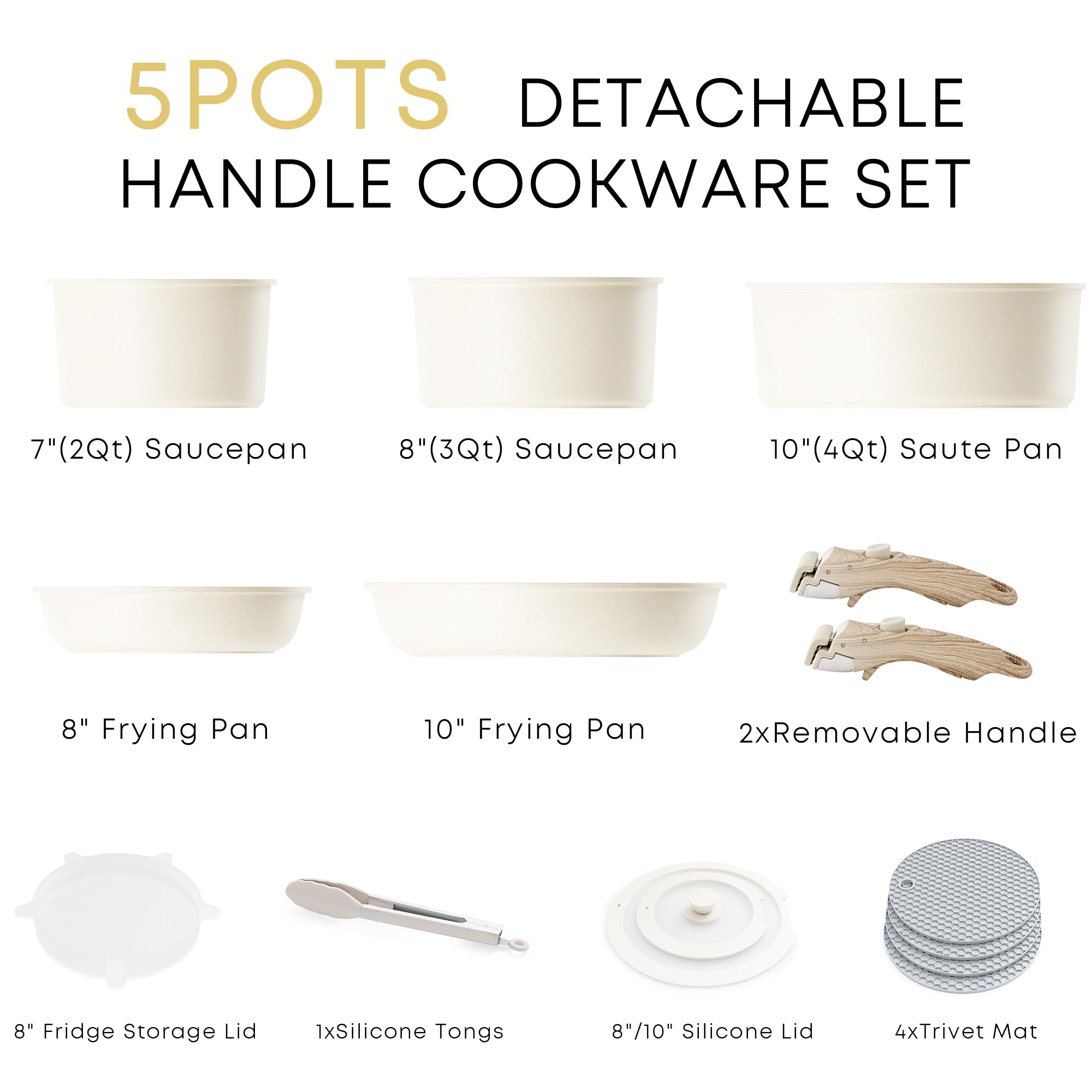 Caannasweis Detachable Nonstick Cookware Set - Stackable Induction Pots and Pans With Removable Handles, Dishwasher Safe - For RV Camping, Oven and Stovetop Use, 5 Pieces (5 Pots Beige)