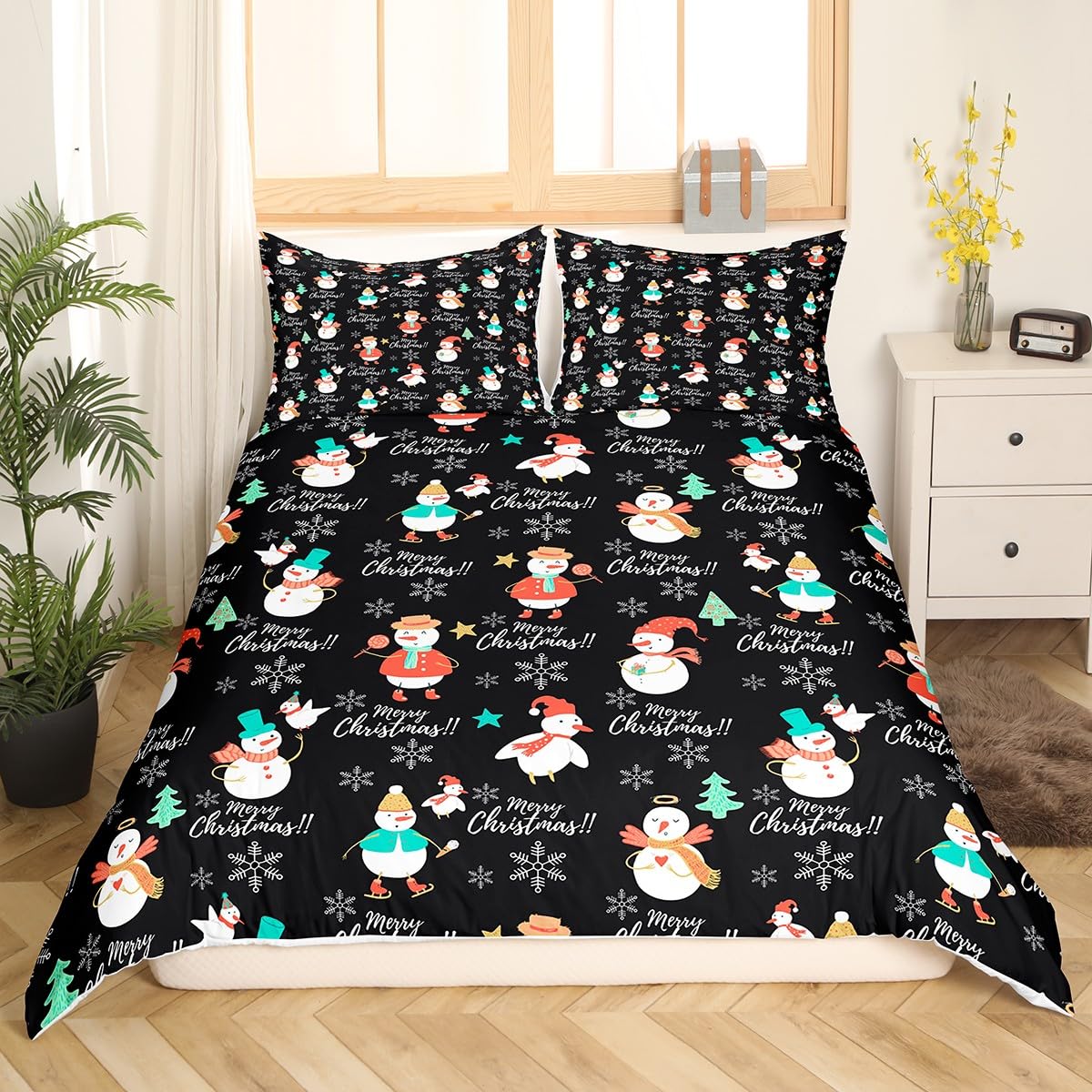 Feelyou Merry Christmas Tree and Snowman Bedding Set for Kids Boys Girls Snowflake Comforter Cover Set Queen Size Merry Christmas Duvet Cover Bedroom Decor Bedspread Cover Bedding Collection 3Pcs