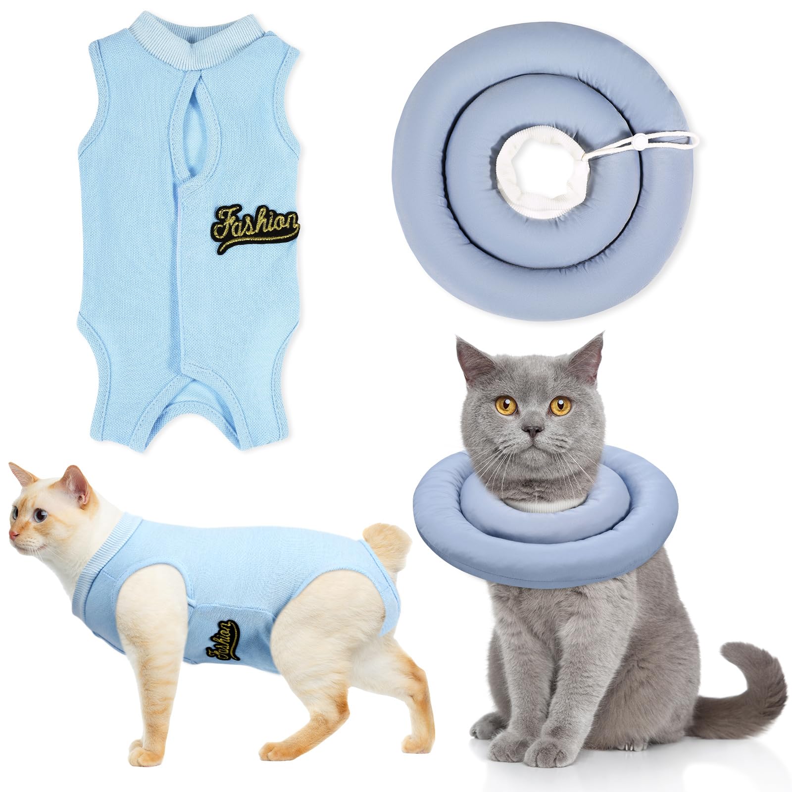 Abbylike Cat Cone Collar and Surgical Recovery Suit Set Cat Neck Donut Collar Soft Elizabeth Recovery Collar Cone E Collar Alternative for Small Pets Dog Kitten Puppy After Surgery Wear (X-Large)