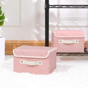 ANMINY Fabric Storage Bin with Lid Rose Print Storage Box Basket with PU Leather Handles Washable PP Plastic Board Decorative Foldable Lidded Shelf Cubes Closet Organizer Container - Pink, Small Size