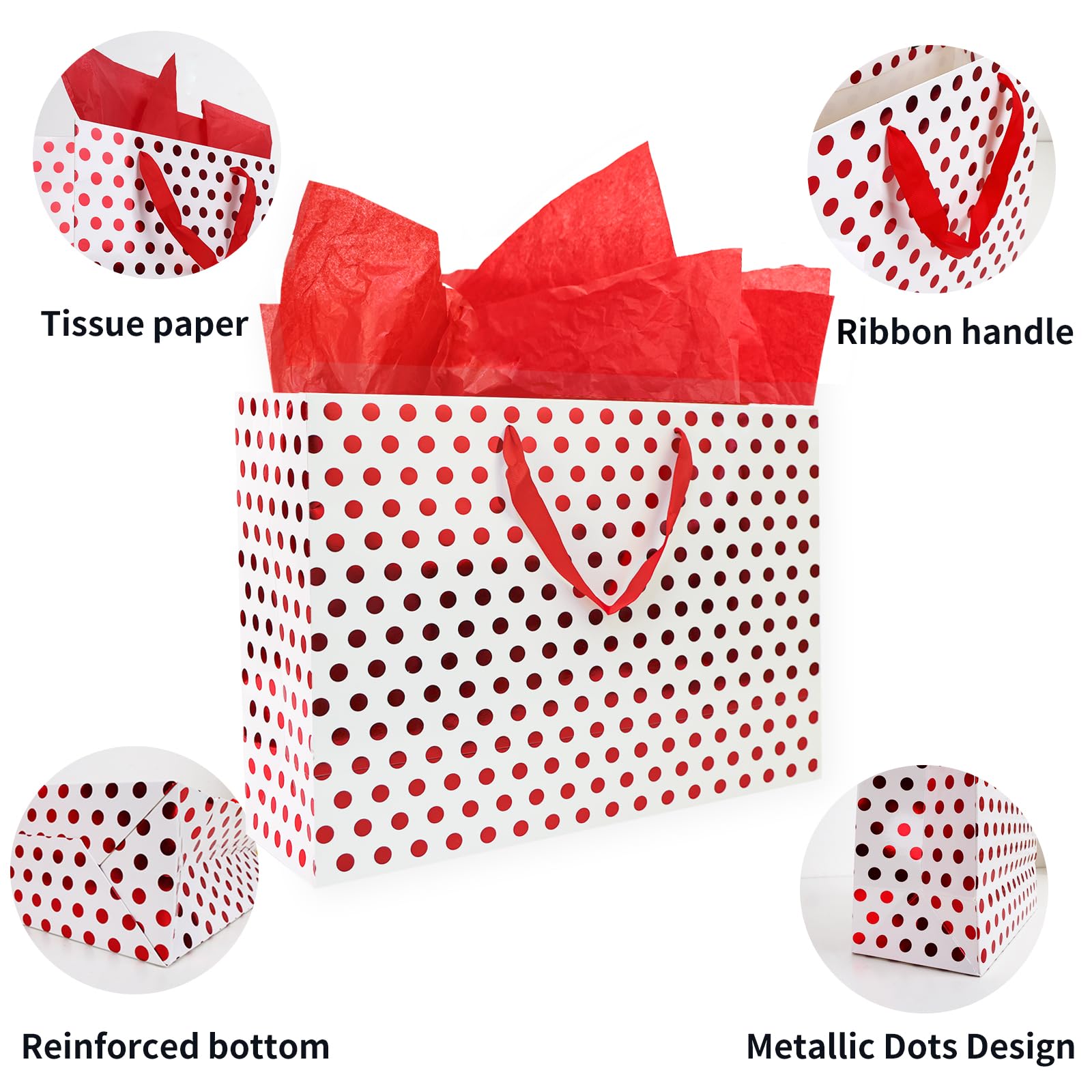 Moretoes 5 Pack Large Gift Bags With Tissue Paper 16" Foil Dot Paper Gift Bags for Valentine's Day, Birthday, Wedding, Holiday (Gold, Rose Gold, Blue, Red, Grey Metallic Dots)