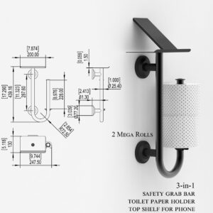 AquaChase 3-in-1 Toilet Safety Grab Bar with Built-in Tissue Paper Holder and Phone Shelf, for 2 Mega Rolls, 250lbs Weight Support When Mounted in Stud, Brushed Nickel Right-Hand