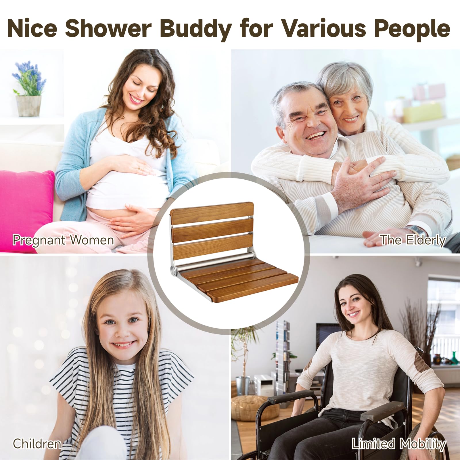 Folding Teak Shower Seat Wall Mounted, Hybodies Waterproof Wood Shower Bench, Wall Mounted Fold Down Wood Stool, Home Care Shower Chair Bench for Pregnants Seniors, Maximum Load 440lb