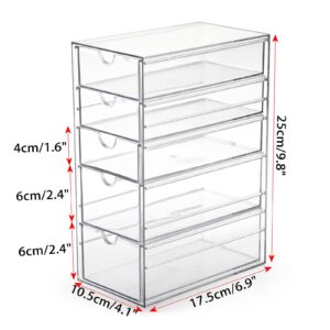 Hipiwe 5-Drawers Plastic Storage Organizer, Clear Hair Accessories Organizer with Large Capacity for Bathroom, Dresser, Cosmetic Hair Tie Container for Girls Women