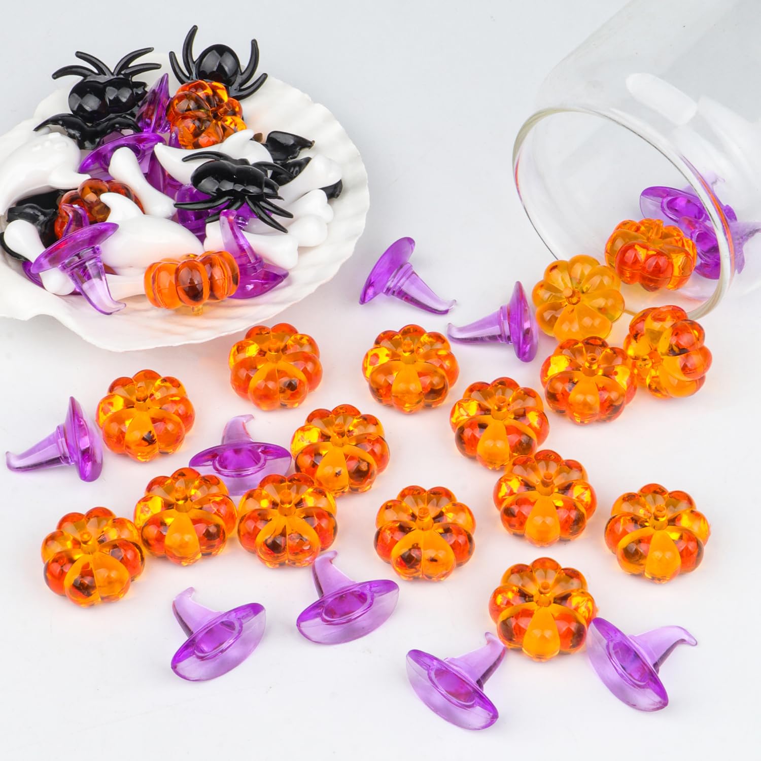 160PCS Halloween Vase Filler Mini Acrylic Pumpkin Spider Bat Bone Ghost Skull Head Small Wizard Hat Skeleton Bone Ghost Toys Ornaments for Bin Filler Table Scatter Thanksgiving Autumn Party Decoration