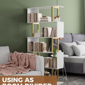 Gadroad 5 Tier Geometric Bookcase,S Shaped Bookshelf, Wood Decorative Storage Shelving, Modern Freestanding Display Shelves, Tall Book Shelf Unit for Living Room Bedroom, Gold