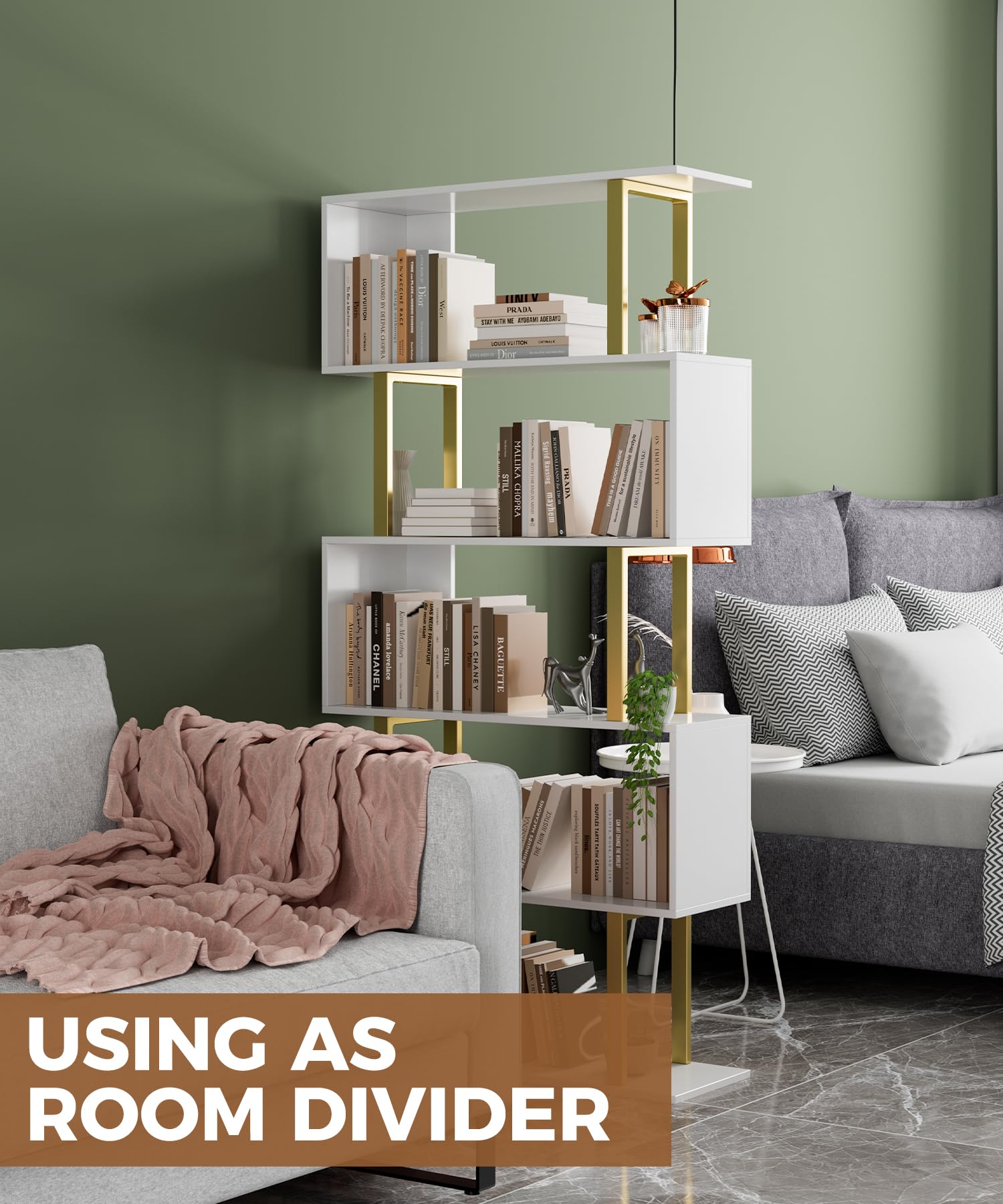 Gadroad 5 Tier Geometric Bookcase,S Shaped Bookshelf, Wood Decorative Storage Shelving, Modern Freestanding Display Shelves, Tall Book Shelf Unit for Living Room Bedroom, Gold