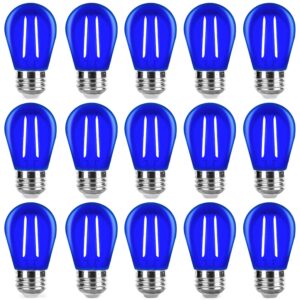 zhzhled s14 blue light bulb plastic 2 watt led replacement bulbs for indoor outdoor string lights, shatterproof decorative e26 base filament edison christmas halloween colored light bulbs,15 pack