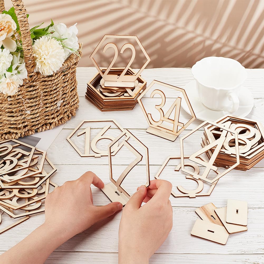 OLYCRAFT 40 Pcs Wooden Table Numbers Wooden Table Number Sign Stand 1~40 Wedding Table Numbers Wooden Hexagon Table Numbers Double Sided Sign for Wedding Party Table Card Stand Decoration