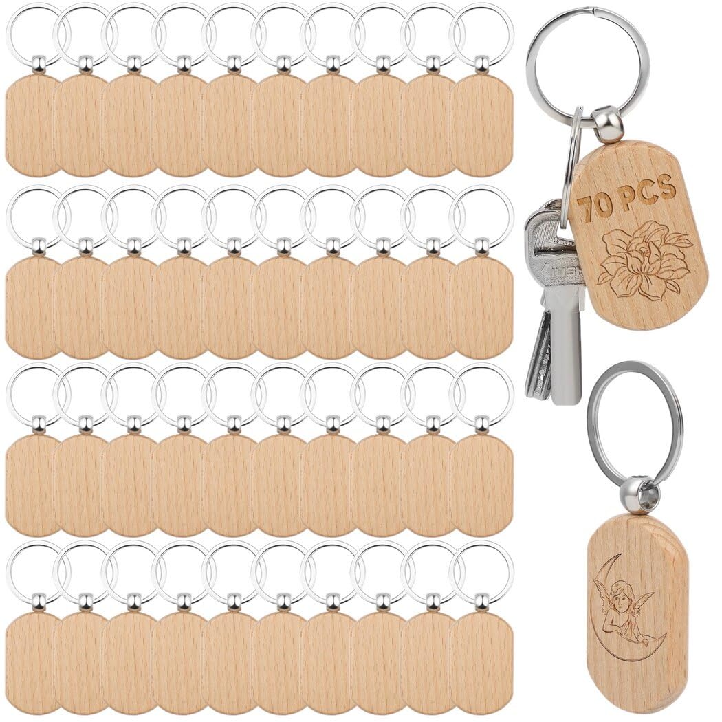 70 PCS Wooden Keychains, Engraving Blanks Wooden Blank Keychains, Wood Key Chain Bulk, Wooden Key Ring Key Tag for DIY Gift Crafts