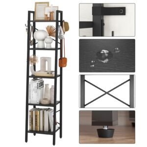 YMYNY 5 Tiers Ladder Bookcase, Industrial Narrow Bookshelf, Open Display Rack with 4 S Hooks, Metal Storage Shelves for Bedroom, Home Office, Living Room, Black, 63H*13.4L*11.8W, UHBC025B