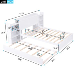 Queen Size Storage Bed with Trundle, Wood Platform Bed Frame with Storage Shelves Headboard and Twin Size Trundle Bed, Wooden Queen Beds for Kids Boys Girls Teens, White