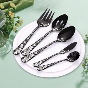 Stapava Serving Utensils Set Black, 5PCS Stainless Steel Flatware Serving Set with Large Serving Spoon Slotted Serving Spoon Serving Fork Sugar Spoon Butter Knife for Dinner Party, Dishwasher Safe