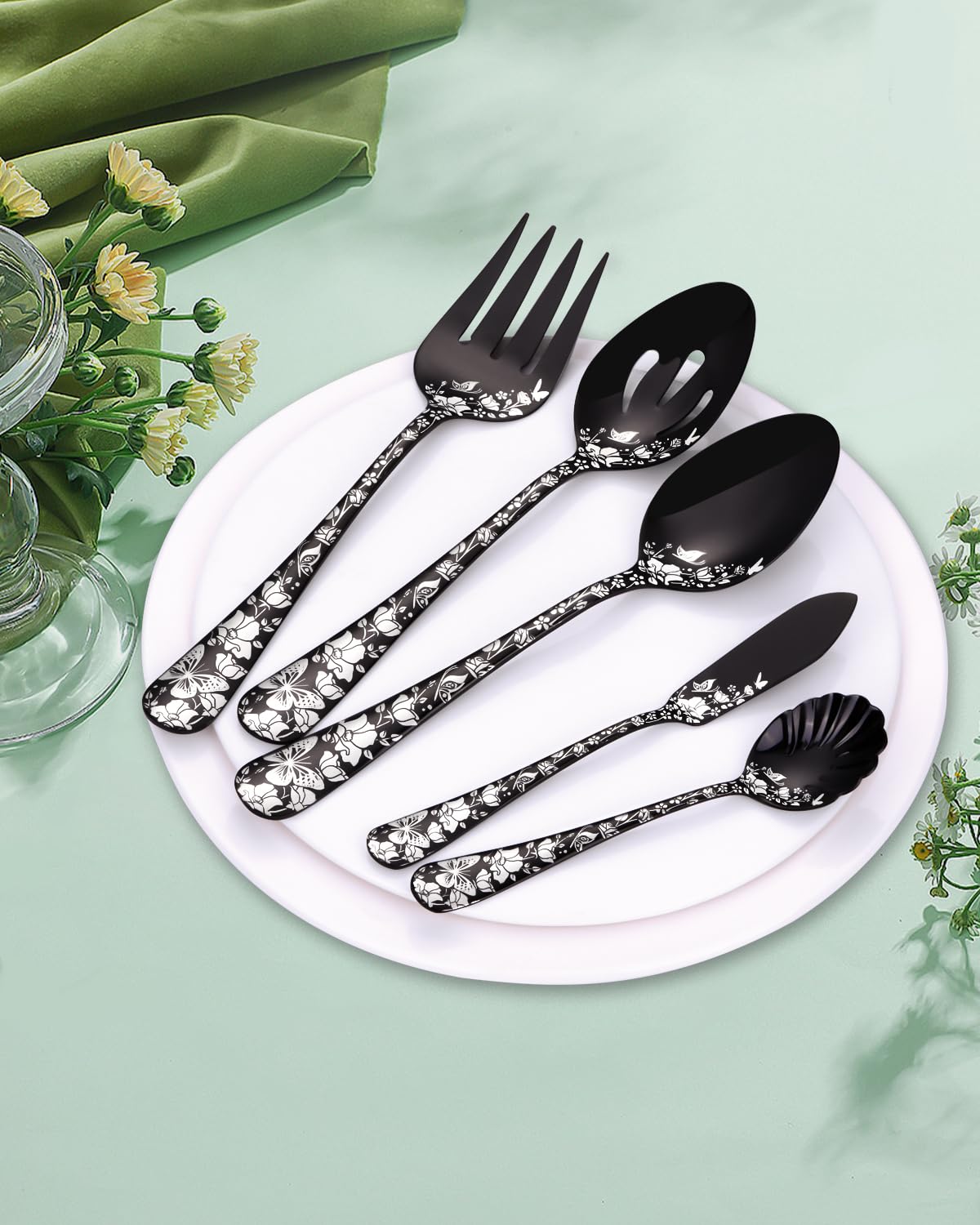 Stapava Serving Utensils Set Black, 5PCS Stainless Steel Flatware Serving Set with Large Serving Spoon Slotted Serving Spoon Serving Fork Sugar Spoon Butter Knife for Dinner Party, Dishwasher Safe