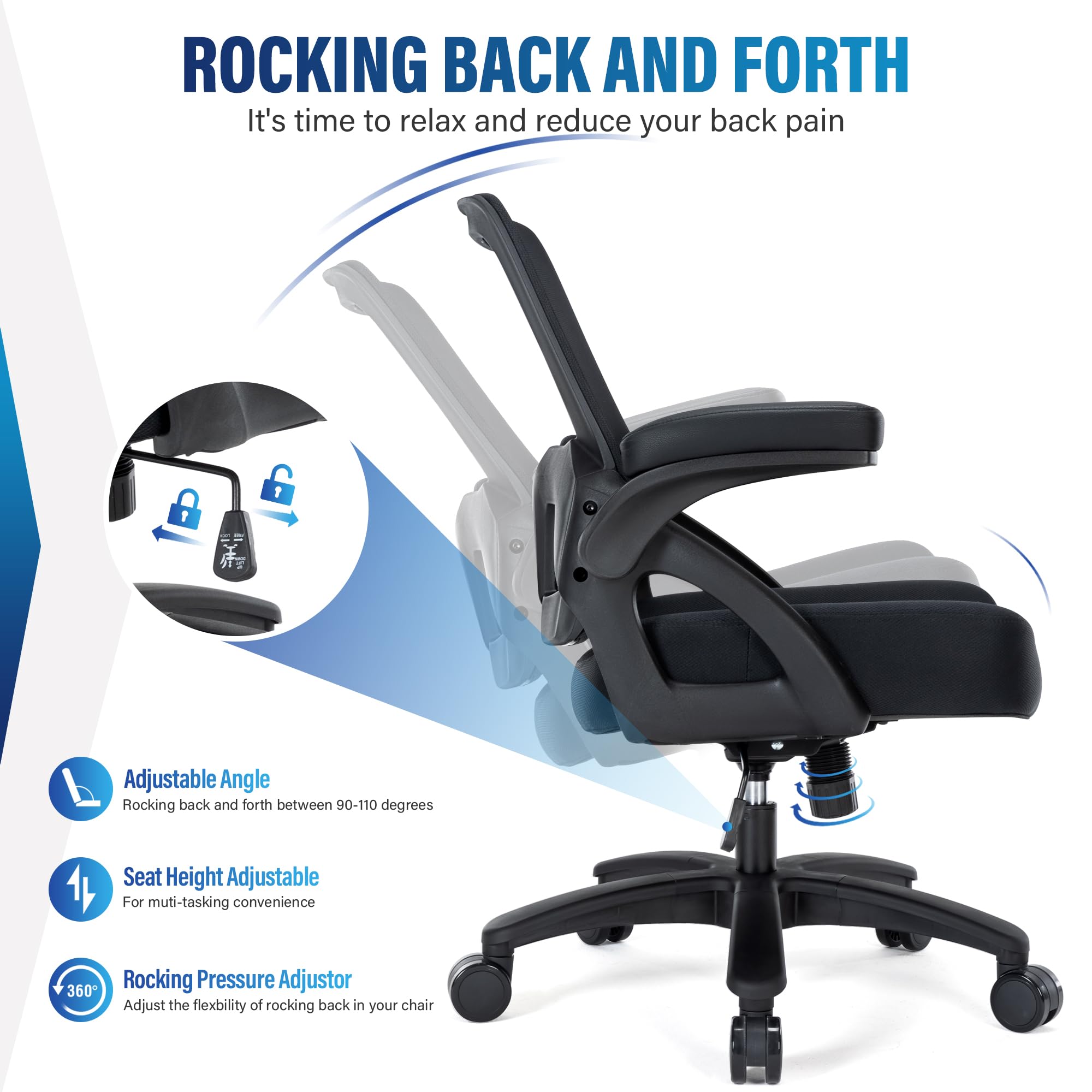 400lb Big and Tall Office Chair, Ergonomic Mesh Desk Chair with Flip Arms,Heavy Duty Home Office Desk Chair, Wide Seat Computer Chair for Heavy People, Executive Rolling Swivel Task Chair for Adults