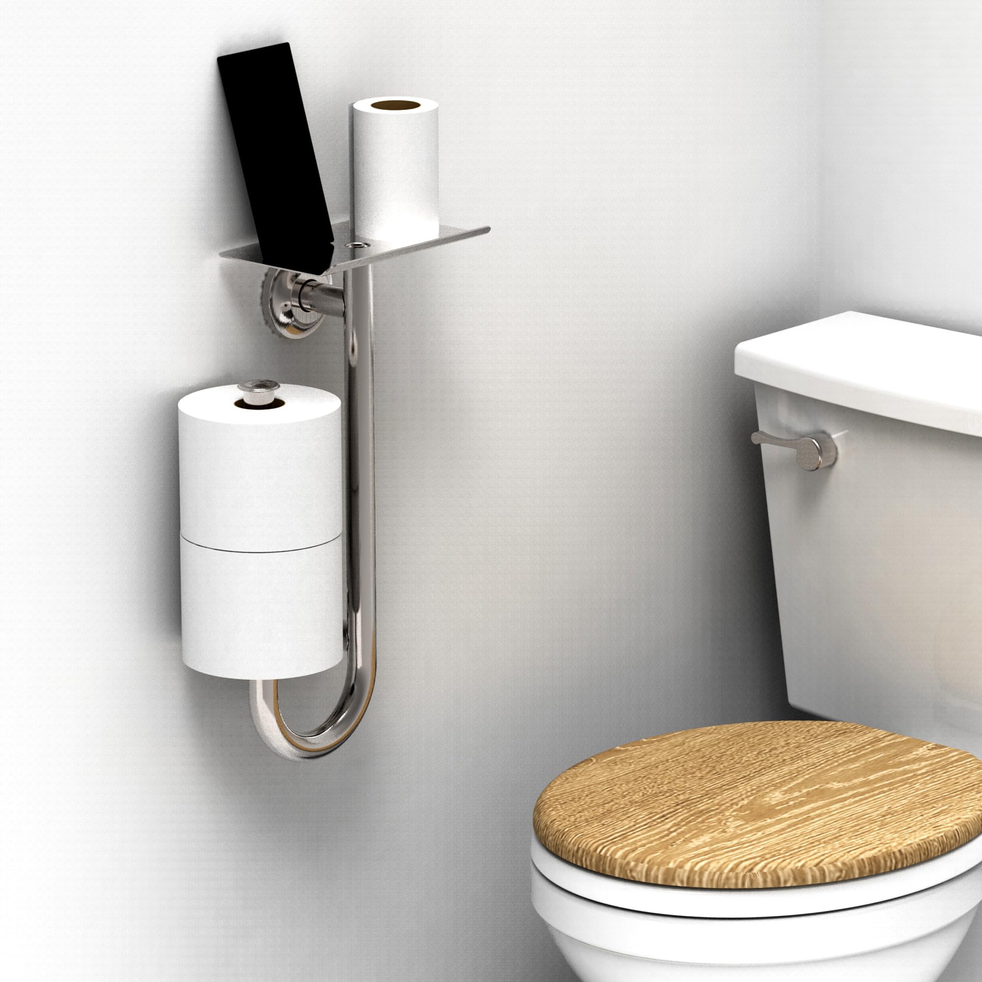 AquaChase 3-in-1 Toilet Safety Grab Bar with Built-in Tissue Paper Holder and Phone Shelf, for 2 Mega Rolls, 250lbs Weight Support When Mounted in Stud, Brushed Nickel Right-Hand