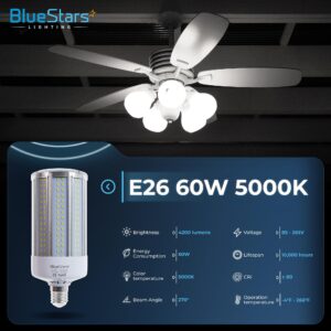 BlueStars Super Bright 60W E26 LED Corn Light Bulbs E26 Medium Base 4200 Lumens (550W Equivalent) Cool White 5000K, for Homes, Outdoors, Commercial, Warehouses, Garage & Backyard Lighting