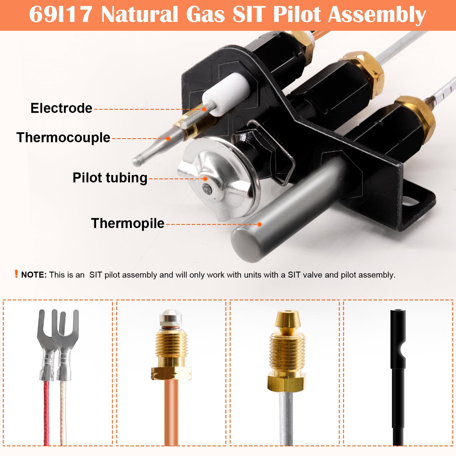 Hiorucet Natural Gas (NG) 69L17 Pilot Assembly Kit for Lennox Elite, IHP, Merit, Serefina, Superior, Astria Fireplaces, 69L1701, 904405, J4117 SIT Pilot Replacement Part with Thermocouple, Thermopile.