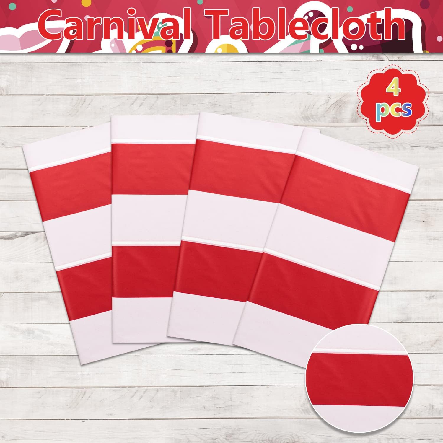 PIXHOTUL 4 Pieces Carnival Table Cloths, Red and White Stripe Tablecloths, Red Plastic Table Cover, Circus Theme Party Decorations for Carnival, Movie Night, Birthday, Christmas, Wedding, 51'' x 86''