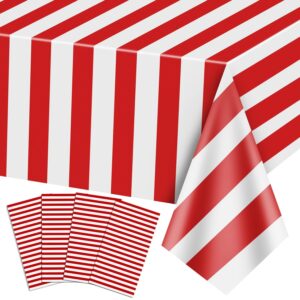 pixhotul 4 pieces carnival table cloths, red and white stripe tablecloths, red plastic table cover, circus theme party decorations for carnival, movie night, birthday, christmas, wedding, 51'' x 86''