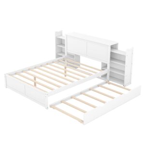 Queen Size Storage Bed with Trundle, Wood Platform Bed Frame with Storage Shelves Headboard and Twin Size Trundle Bed, Wooden Queen Beds for Kids Boys Girls Teens, White