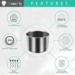 ZoneFly Stainless Steel Inner Pot Compatible with Instant Pot 6 Qt, Original Cooking Pot for 6 Quart InstaPot Replacement Pot, Polished Surface Non-Stick and 2 Sealing Rings for Insta Pot Cooker