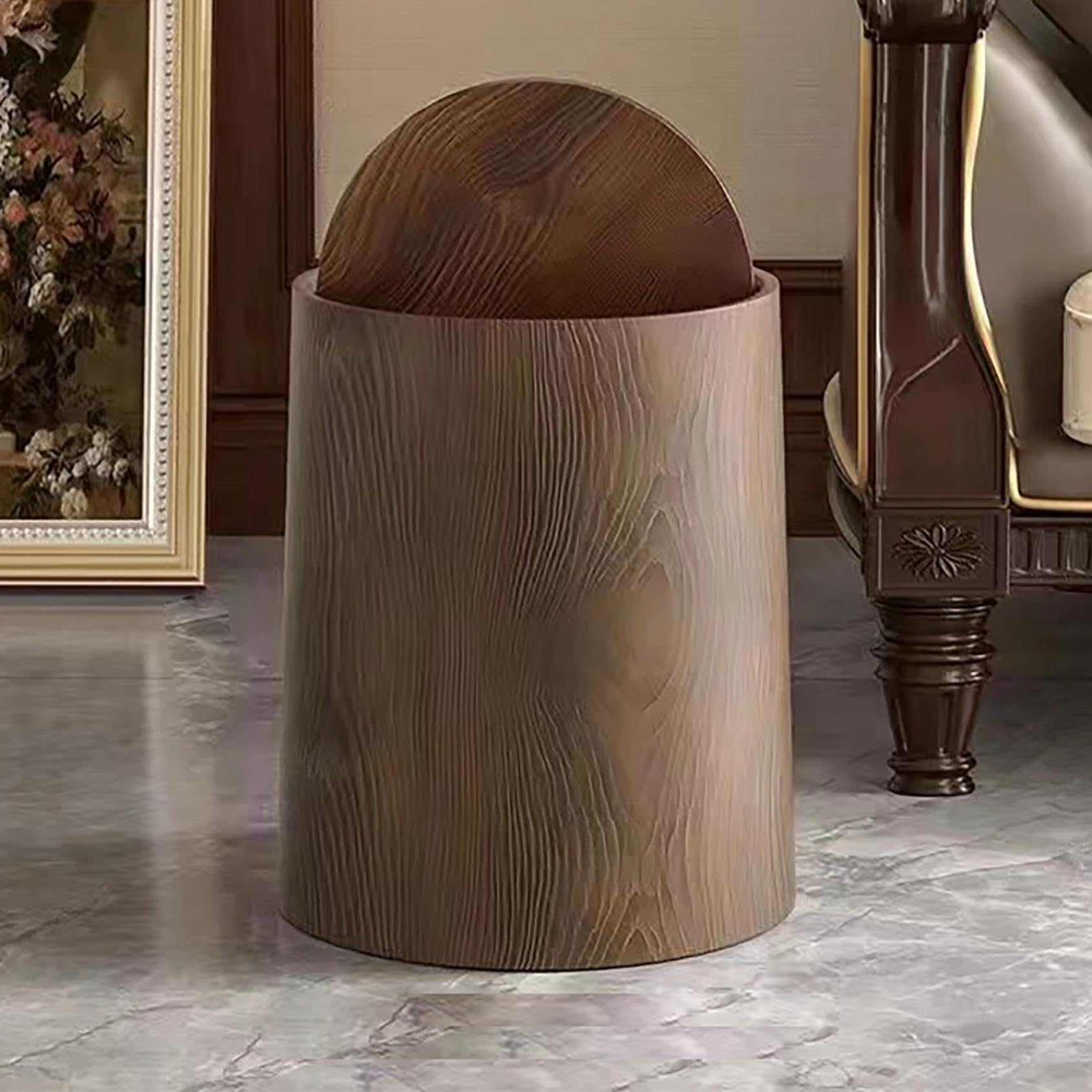 12/15L Trash Can with Lid, Walnut Brown Wood Grain Bathroom Garbage Can with Swing Top Lid, Rotating Design, Detachable Inner Bin, Minimalist Diaper Trash Can, Dustbin for Office, Bedroom (Brown, 12L)