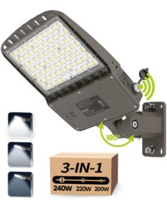 aulace parking lot light 240w/220w/200w selectable, 38400lm (160lm/w) led parking lot light, 5000k led shoebox light dusk to dawn photocell, ip65 street light, adjustable arm & slip fitter in 1 mount