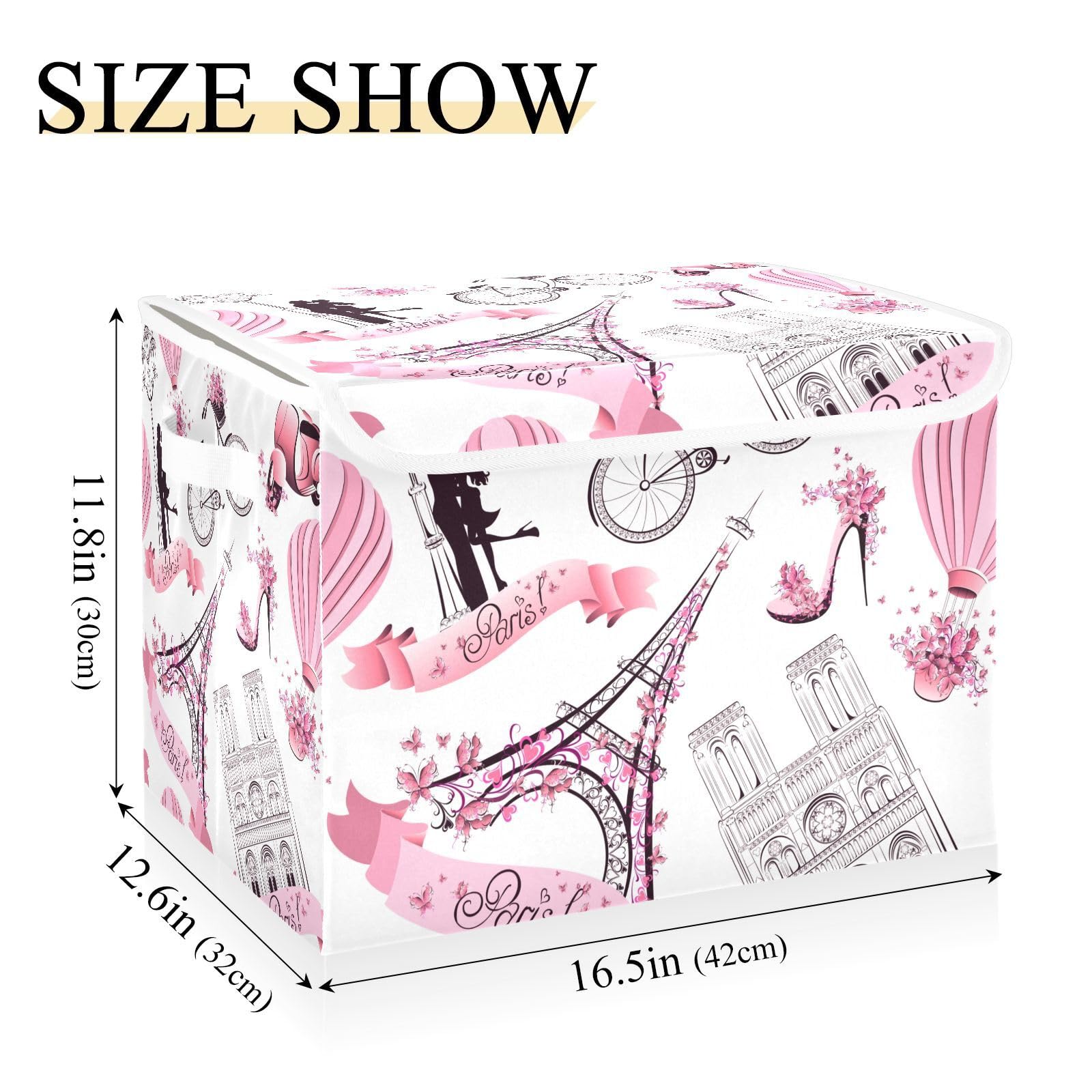 MFTJYO Storage Bin with Lid Paris Eiffel Tower Theme Foldable Storage Box Washable Fabric Storage Cubes Bin Organizer Basket Closet for Home Bedroom Closet Nursery Office