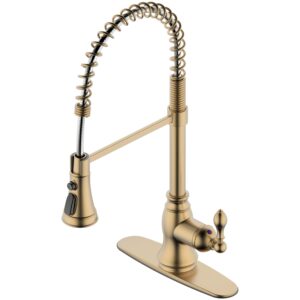 derengge brushed gold kitchen sink faucet,single handle spring spout kitchen faucet with pull-down sprayer, 1 hole or 3 hole installation,kf-5988-bg