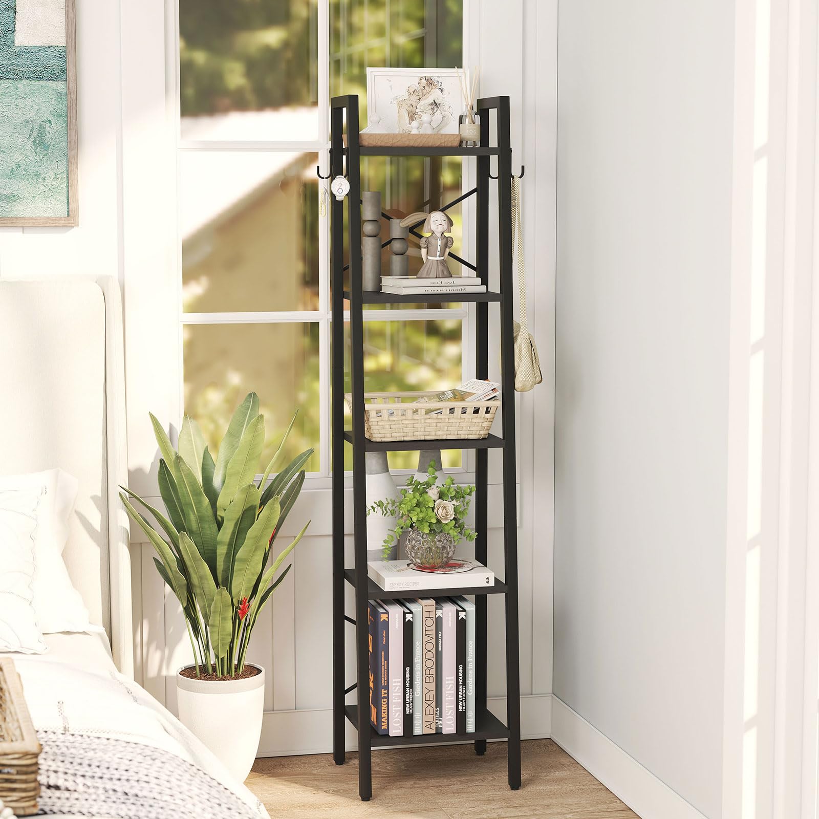 YMYNY 5 Tiers Ladder Bookcase, Industrial Narrow Bookshelf, Open Display Rack with 4 S Hooks, Metal Storage Shelves for Bedroom, Home Office, Living Room, Black, 63H*13.4L*11.8W, UHBC025B