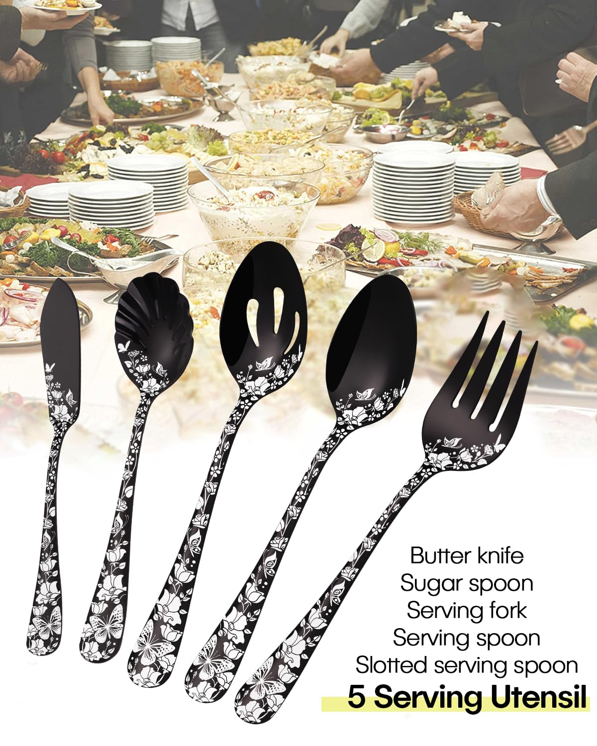 Stapava Serving Utensils Set Black, 5PCS Stainless Steel Flatware Serving Set with Large Serving Spoon Slotted Serving Spoon Serving Fork Sugar Spoon Butter Knife for Dinner Party, Dishwasher Safe