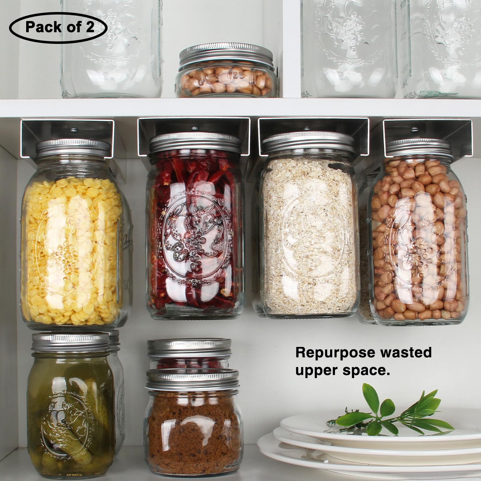 lopeztek Mason Jars Organizer, Canning Rack for 4 8 12 16 24 32 64 oz, Under Cabinet and Pantry Food Storage Hanger Accessories(2Pcs-Wide Mouth-Long)