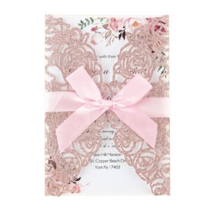 adasbridal 50pcs pink glitter wedding invitation kit laser cut hollow-out personalized wedding invitations with envelopes and rsvp cards for quinceanera birthday baby shower anniversary