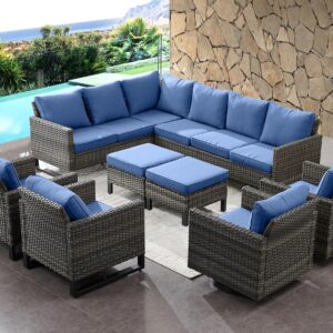 HUMMUH 8 Piece Patio Furniture All Weather 6-Seater Outdoor Sectional Sofa with Patio Swivel Chairs and Outdoor Chairs Ottomans for Porch,Garden,Backyard,Deck