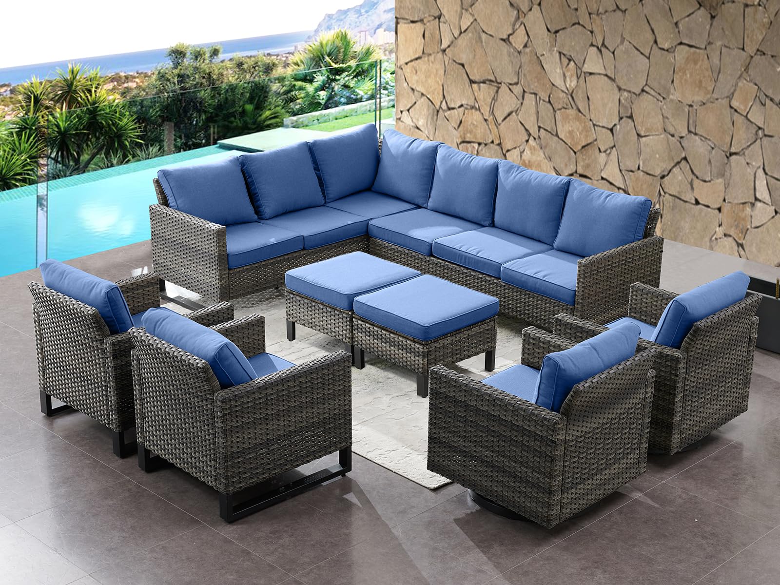 HUMMUH 8 Piece Patio Furniture All Weather 6-Seater Outdoor Sectional Sofa with Patio Swivel Chairs and Outdoor Chairs Ottomans for Porch,Garden,Backyard,Deck