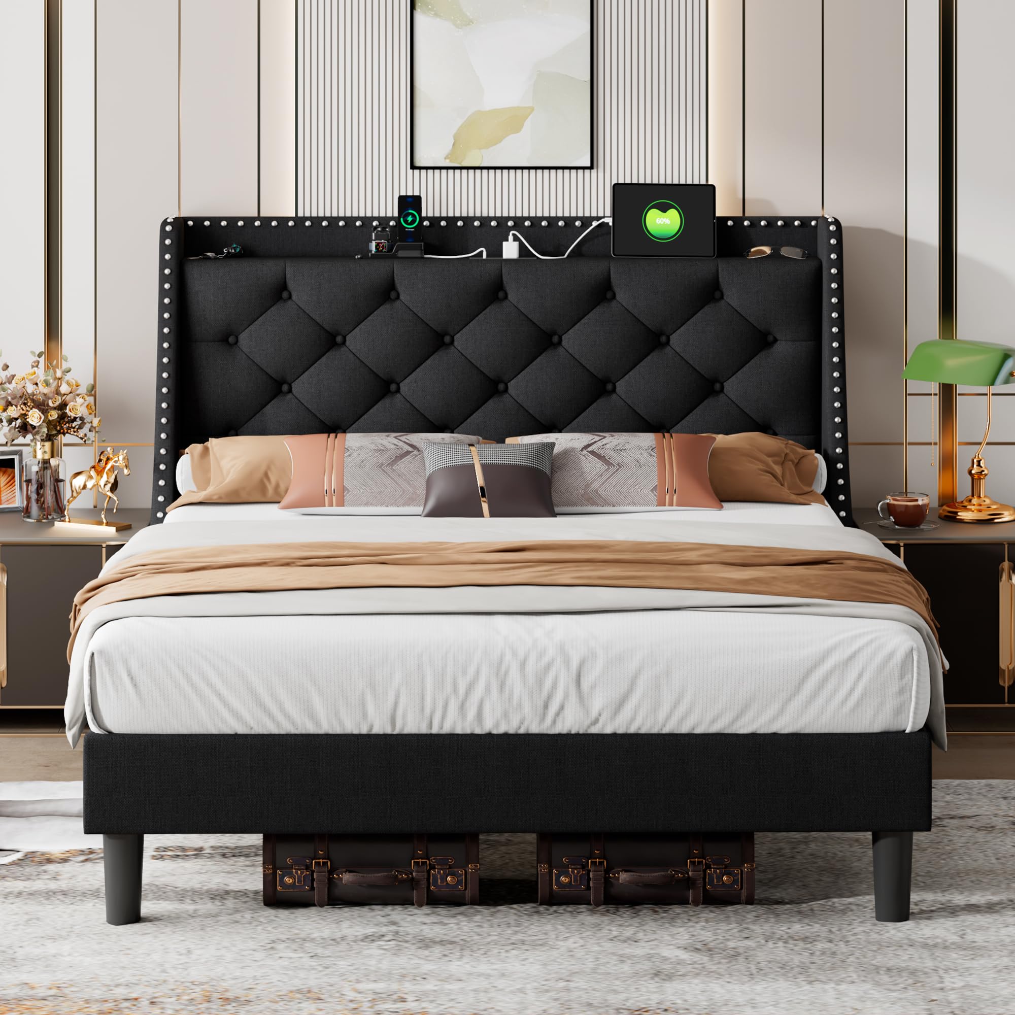 iPormis Queen Bed Frame with 16" Comfort Wingback & Charging Station,Upholstered Platform Bed with Button Tufted Storage Headboard, Solid Wood Slats Support, No Box Spring Needed, Black