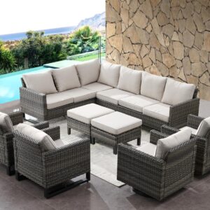 HUMMUH 9 Piece Patio Furniture All Weather 6-Seater Outdoor Sectional Sofa with Patio Swivel Chairs and Outdoor Chairs Ottomans for Porch,Garden,Backyard,Deck