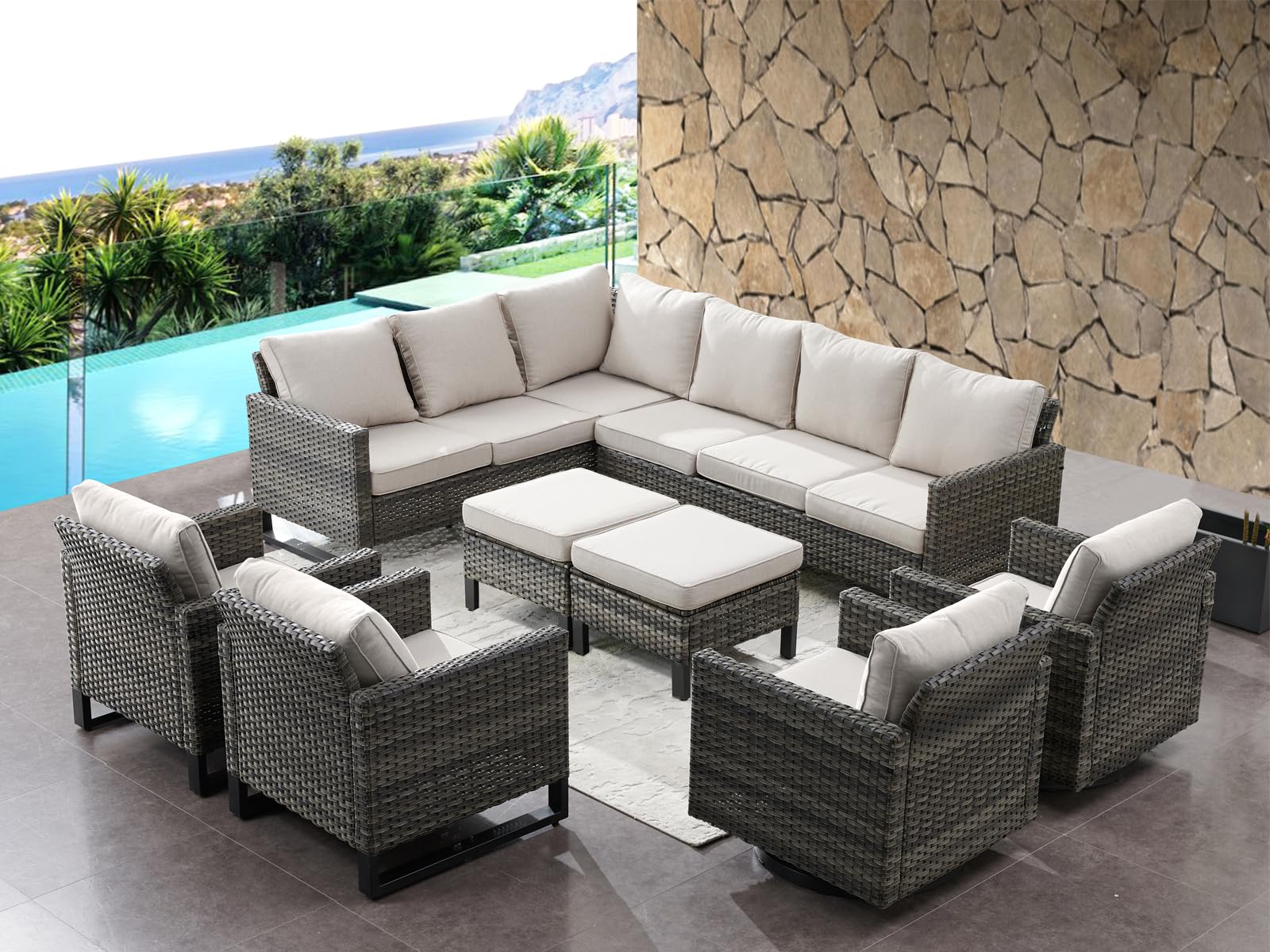 HUMMUH 9 Piece Patio Furniture All Weather 6-Seater Outdoor Sectional Sofa with Patio Swivel Chairs and Outdoor Chairs Ottomans for Porch,Garden,Backyard,Deck