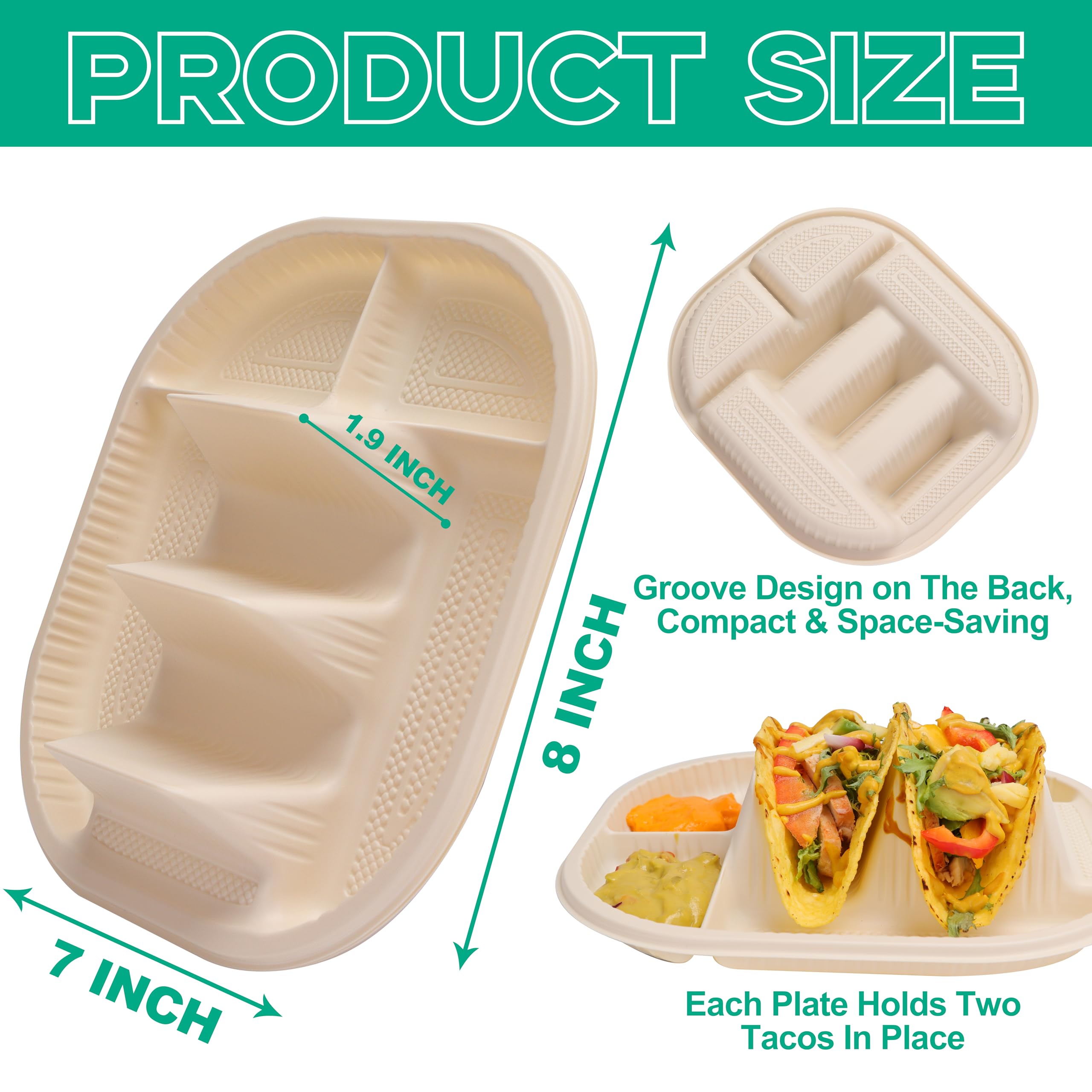 Viotiin 50 Pieces Mini Disposable Taco Plates, Biodegradable Taco Plates with 2 Dividers, Fiesta Taco Holder Plates for Soft/Hard Shell Tacos, Great for Taco Tuesday, Taco Party, Microwave Safe