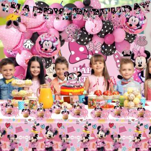 Mouse Birthday Party Supplies, Mouse Party Decorations, Pink Mouse Birthday Decorations Includes Happy Birthday Banner, Balloons, Stickers, Backdrop, Pink Tableware, Hanging Swirls