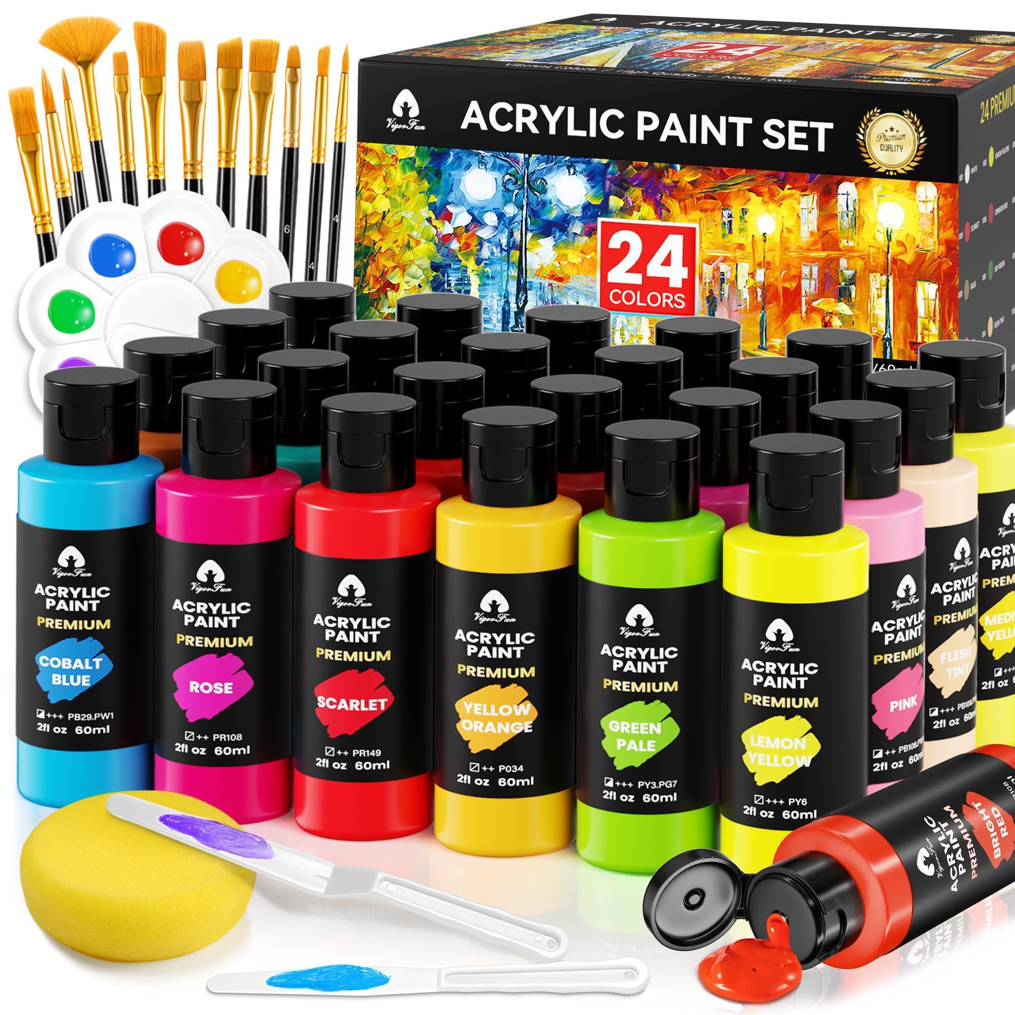 40 PCS Acrylic Paint Set with 12 Brushes, 2 Knives and Palette, 24 Colors (2oz/60ml) Art Craft Paints Gifts for Adults Kids Artists Beginners, Halloween Pumpkin Painting Kit Art Supplies