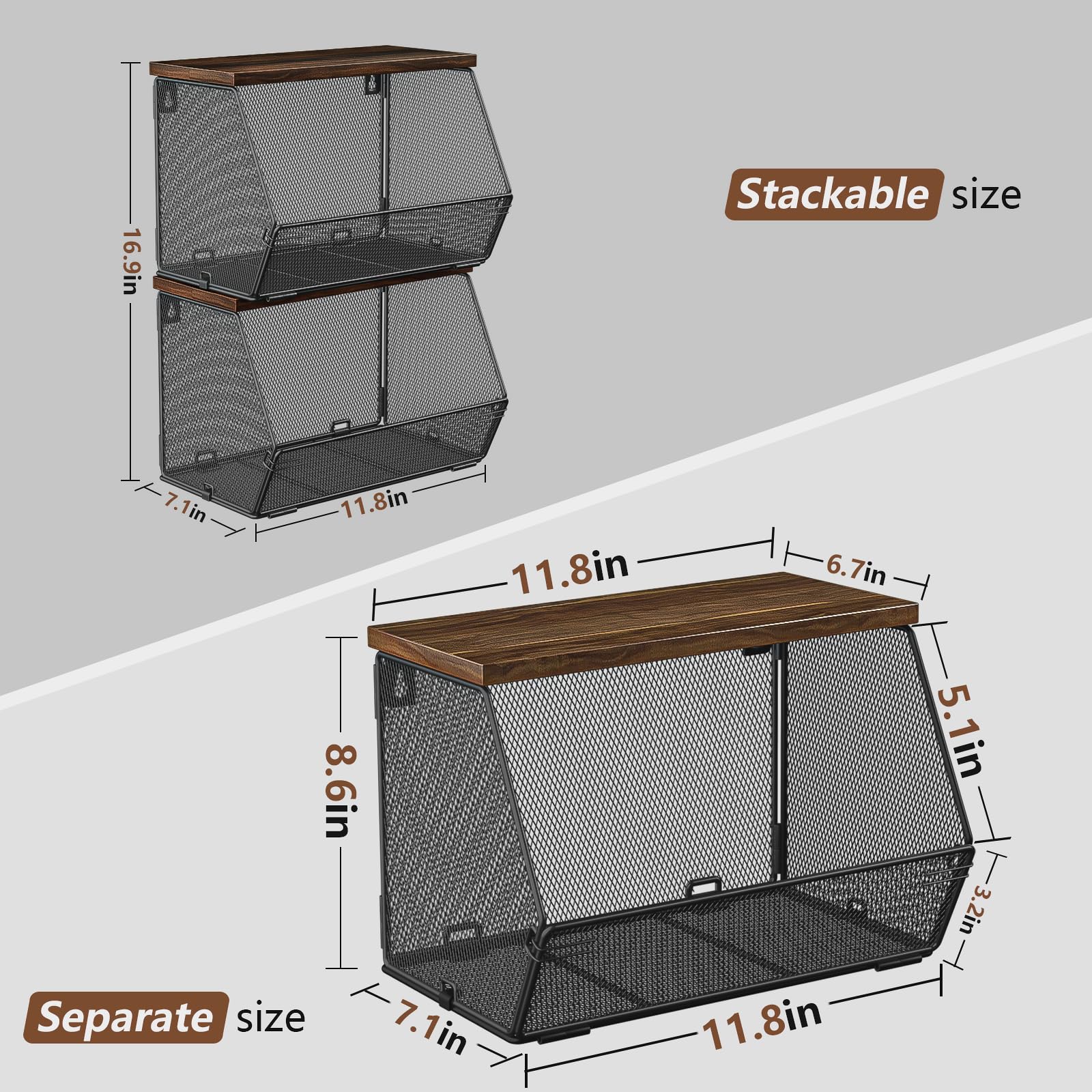 Stackable Fruit Basket for Kitchen Countertop Space Saving, Wall Mounted Mesh Metal Wire Baskets with Wood Lid Extra Storage, 2 Pack Kitchen Counter Organizer for Snack, Onion and Potato Storage