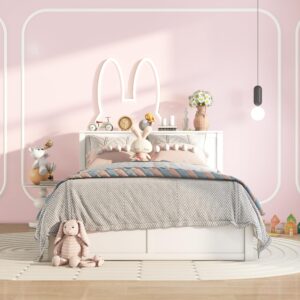 Queen Size Storage Bed with Trundle, Wood Platform Bed Frame with Storage Shelves Headboard and Twin Size Trundle Bed, Wooden Queen Beds for Kids Boys Girls Teens, White