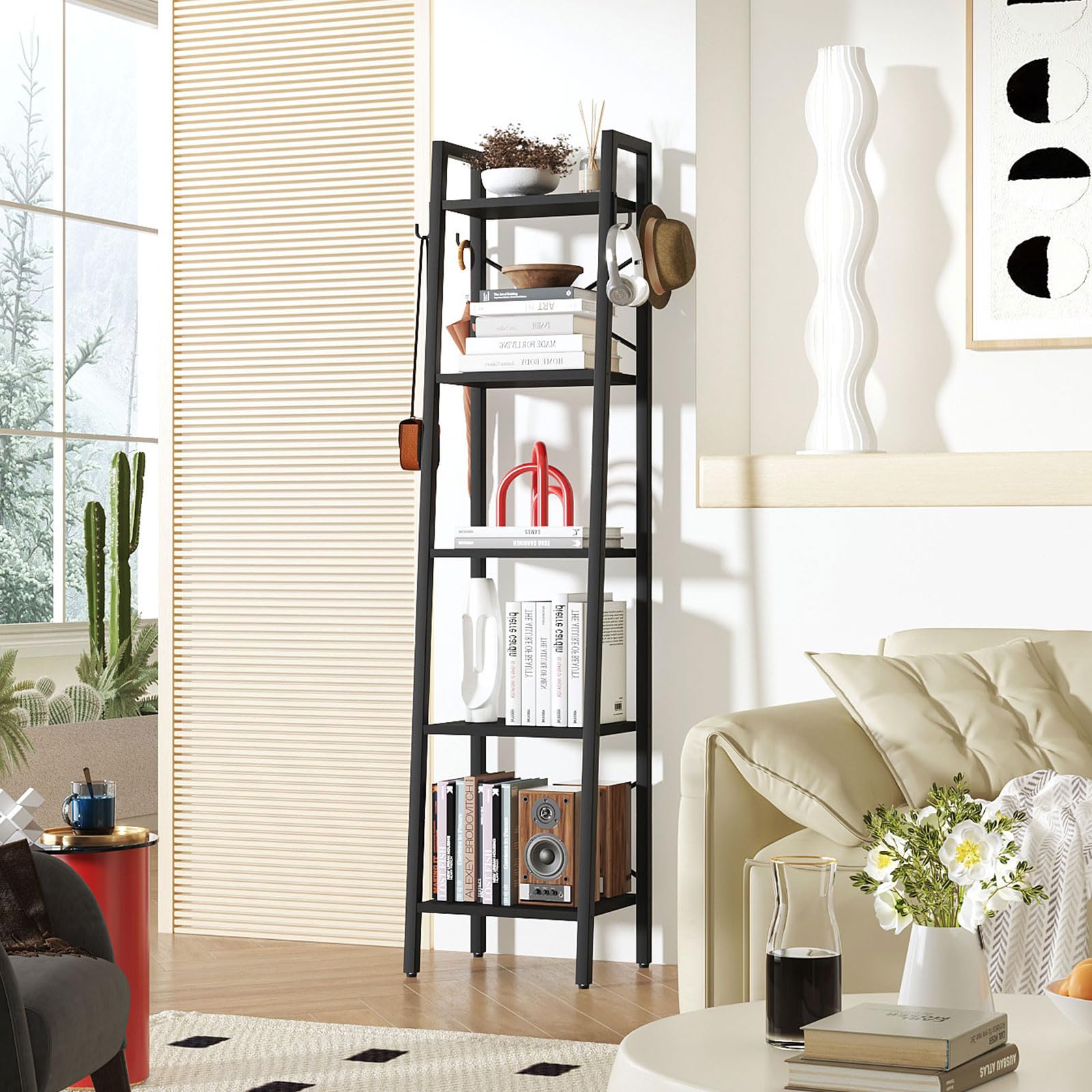 YMYNY 5 Tiers Ladder Bookcase, Industrial Narrow Bookshelf, Open Display Rack with 4 S Hooks, Metal Storage Shelves for Bedroom, Home Office, Living Room, Black, 63H*13.4L*11.8W, UHBC025B